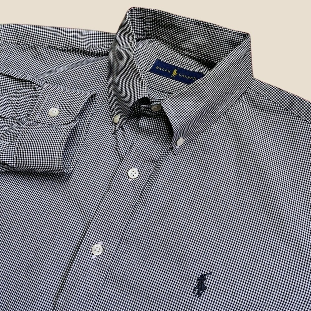 Ralph Lauren Mens XL Black Mini Gingham Check Button Down Long Sleeve Shirt Pony